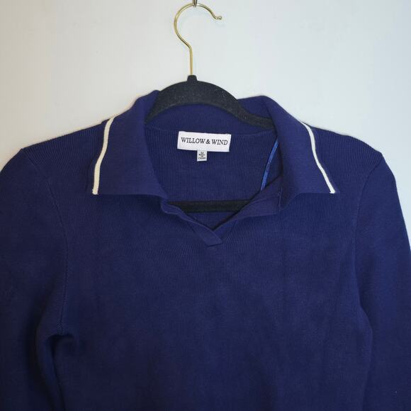 Willow & Wind Cropped Polo Sweater Size M Navy White Trim Collared Preppy - Picture 2 of 7